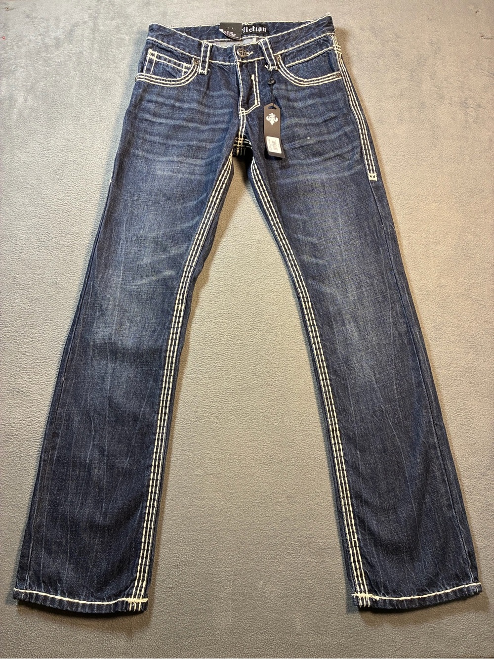 Affliction Dark Blue Straight Jeans with White Stitching